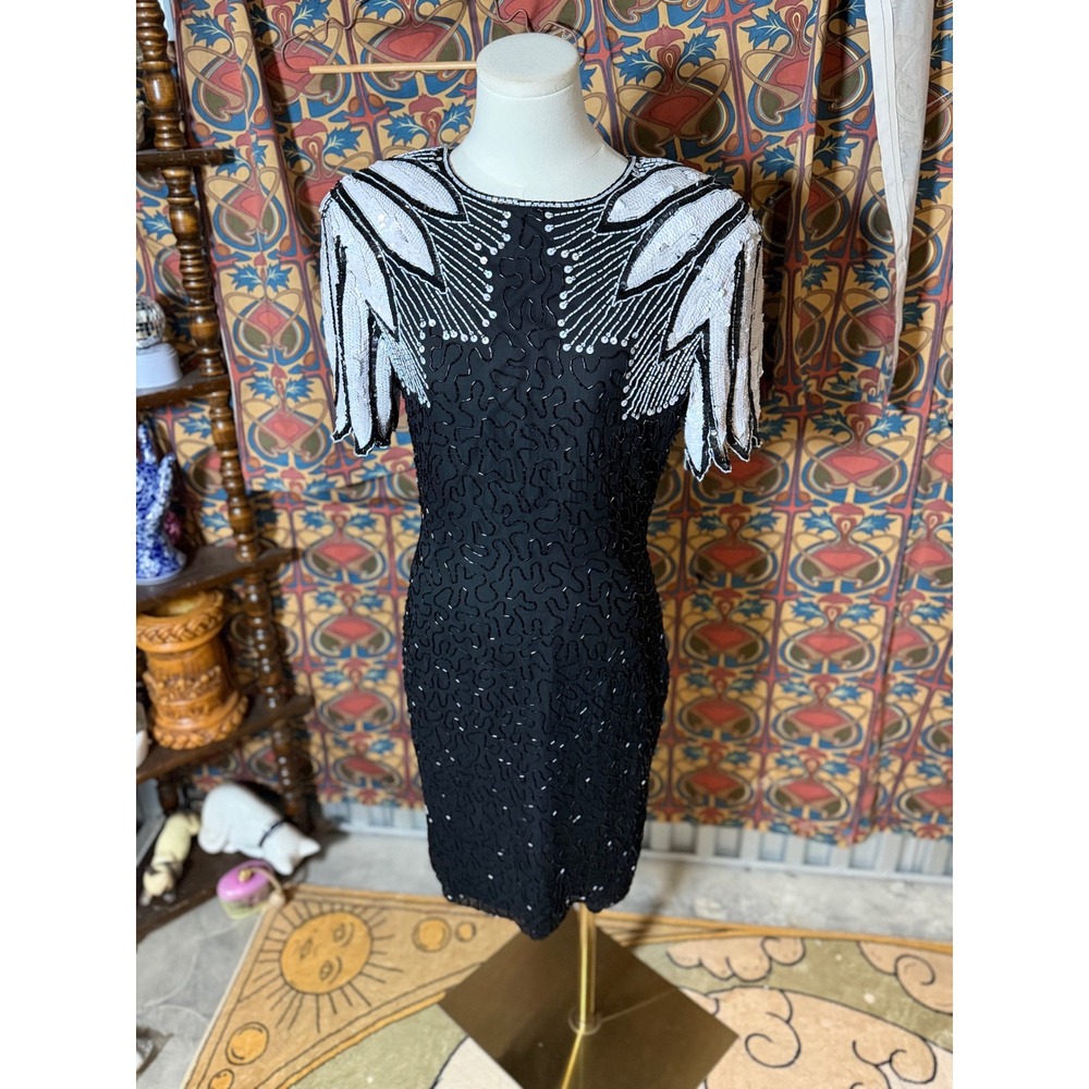 Stenay Beaded Black 100% Silk Dress Size 6 Short Sleeve Art Deco Evening‎